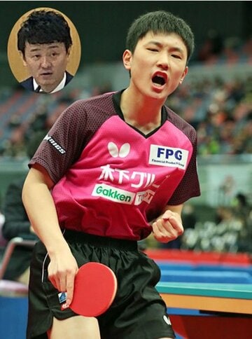  打倒中国に向けて張本が日本卓球をけん引する。顔写真は倉嶋監督