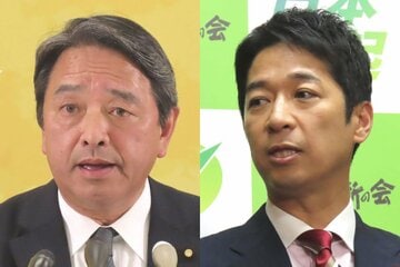 国民民主党の榛葉賀津也幹事長(左)と、日本維新の会・藤田文武共同代表