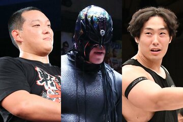 PSYPATRA率いるシュン・スカイウォーカー(中)と、我蛇髑髏の菊田円(左)、箕浦康太(右)