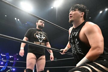成田（右）に挑戦表明するウルフ