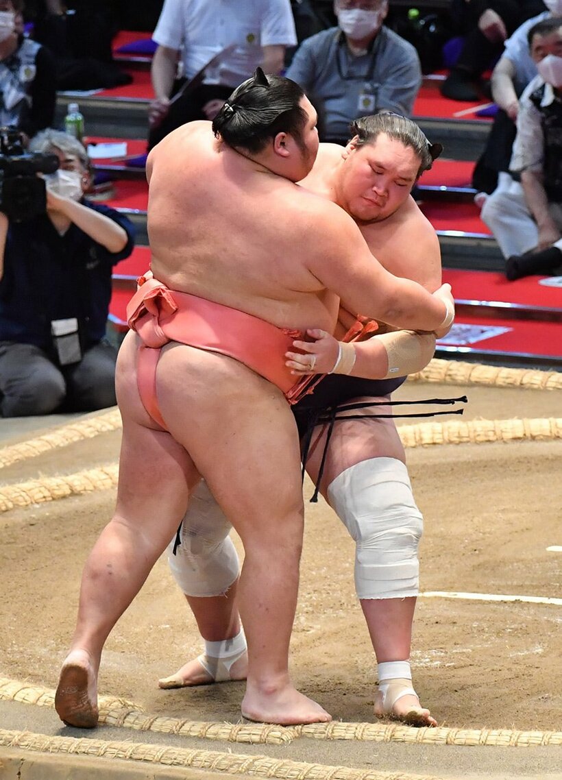  冷静に千代大龍(左)を下した照ノ富士