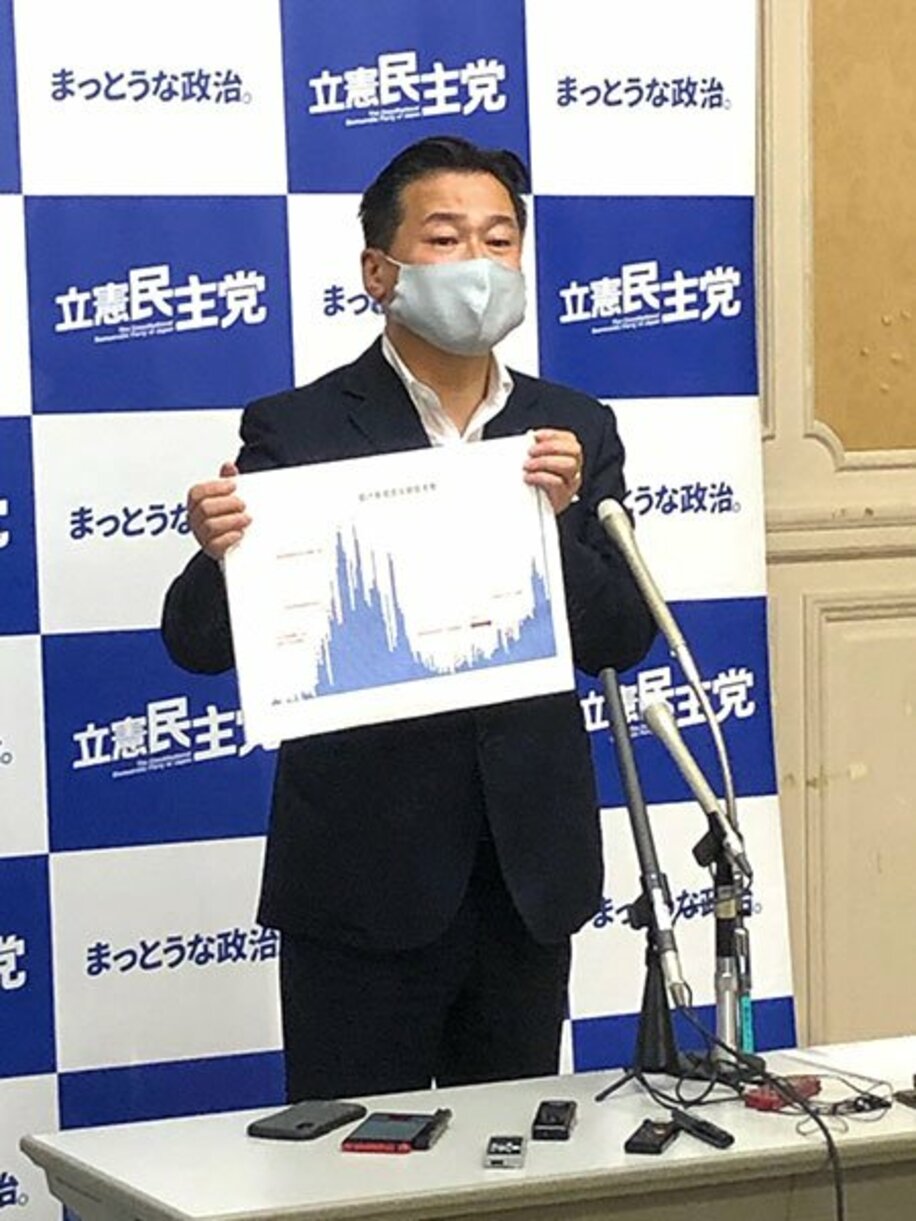  グラフを示して東京都の感染拡大を説明した福山幹事長