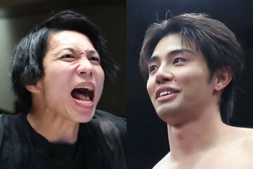 NEVER無差別級６人タッグ王者のYOH(左)と、１・４出場が決まったDDT・武知海青