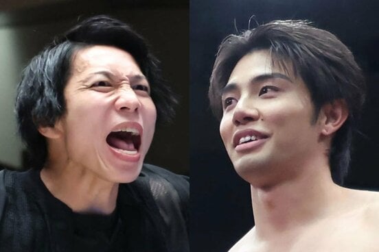 NEVER無差別級６人タッグ王者のYOH(左)と、１・４出場が決まったDDT・武知海青