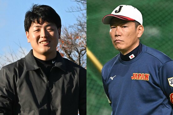 MLB球団と移籍交渉中の巨人・岡本和真(左)と、侍ジャパンの井端監督