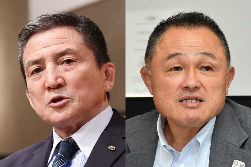 日本レスリング協会の富山英明(左)と、ＪＯＣ前会長の山下泰裕氏