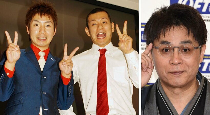  左からU字工事の福田と益子、志らく
