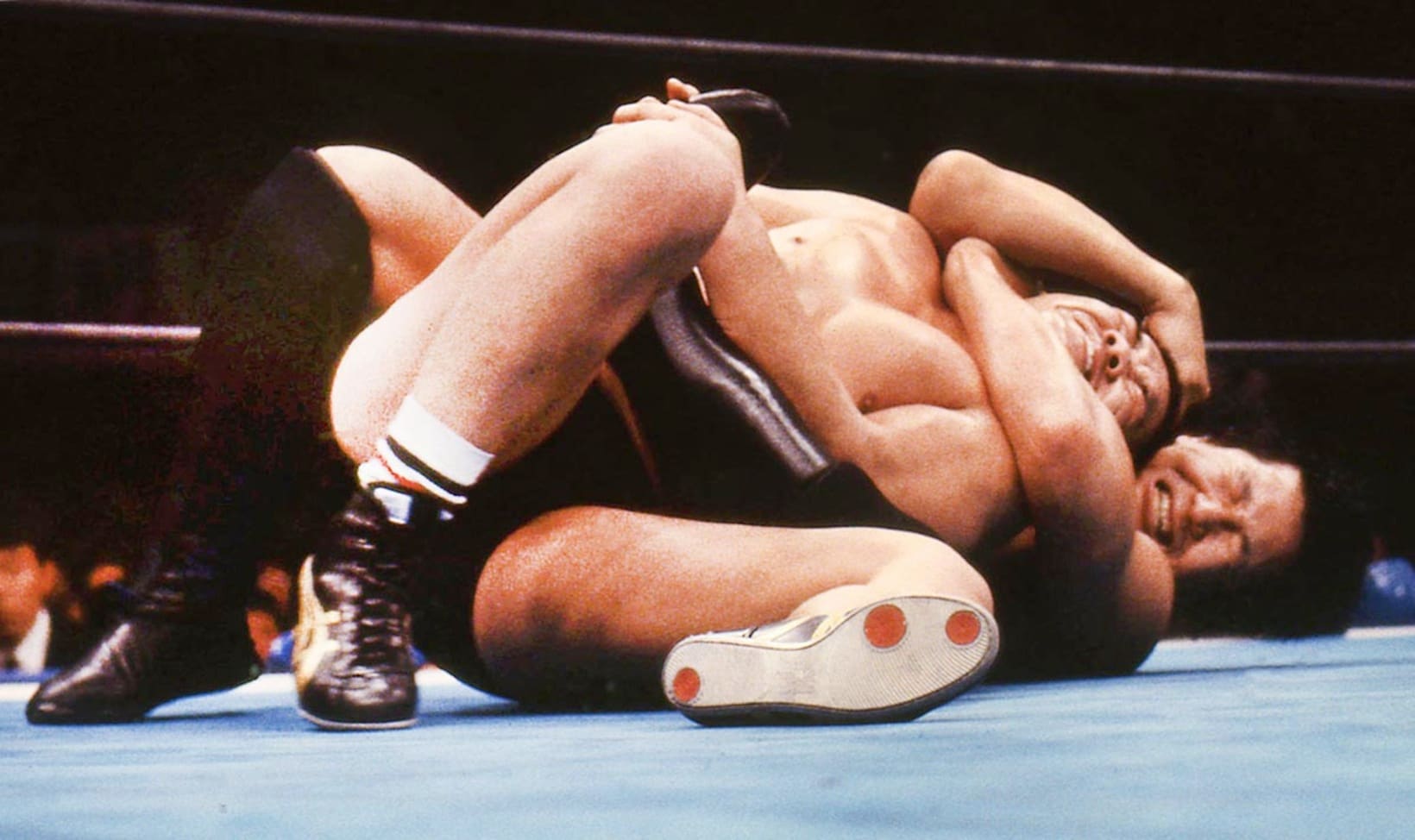 UWF代表者決定戦は、前田(奥)のスリーパーと藤原のレッグロックの決め合いで決着（1986年2月、大阪城ホール）