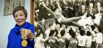  【写真左】金メダルを手にする松村氏(枚方市役所提供)【写真右】ソ連に勝って選手から胴上げされる大松監督