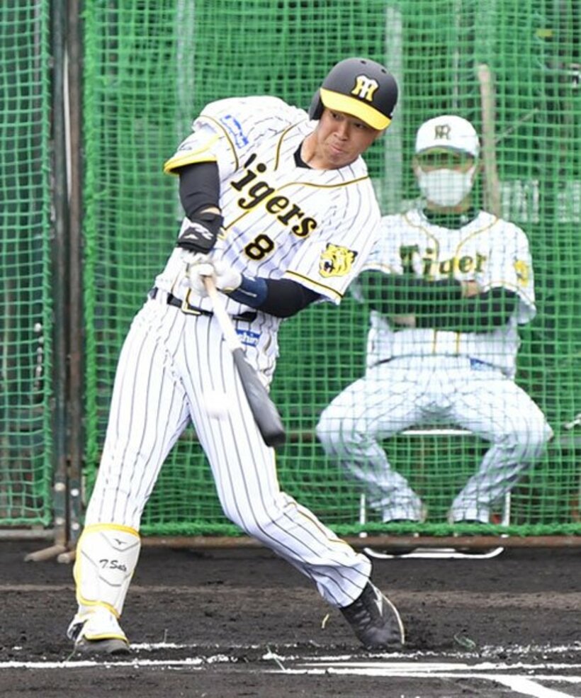  紅白戦の初回に二塁打を放った阪神・佐藤輝