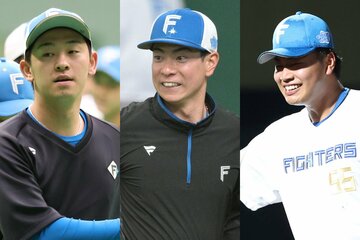 今オフ、いずれも日本ハムから巨人入りした北浦竜次(左)、松本剛(中)、松浦慶斗