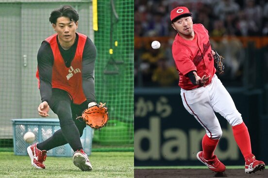 広島のドラフト３位・勝田成(左)と、「守備名人」の二塁手・菊池涼介
