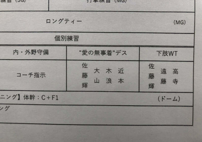  練習メニュー表には〝愛の無事着〟デスの言葉が…(東スポWeb)