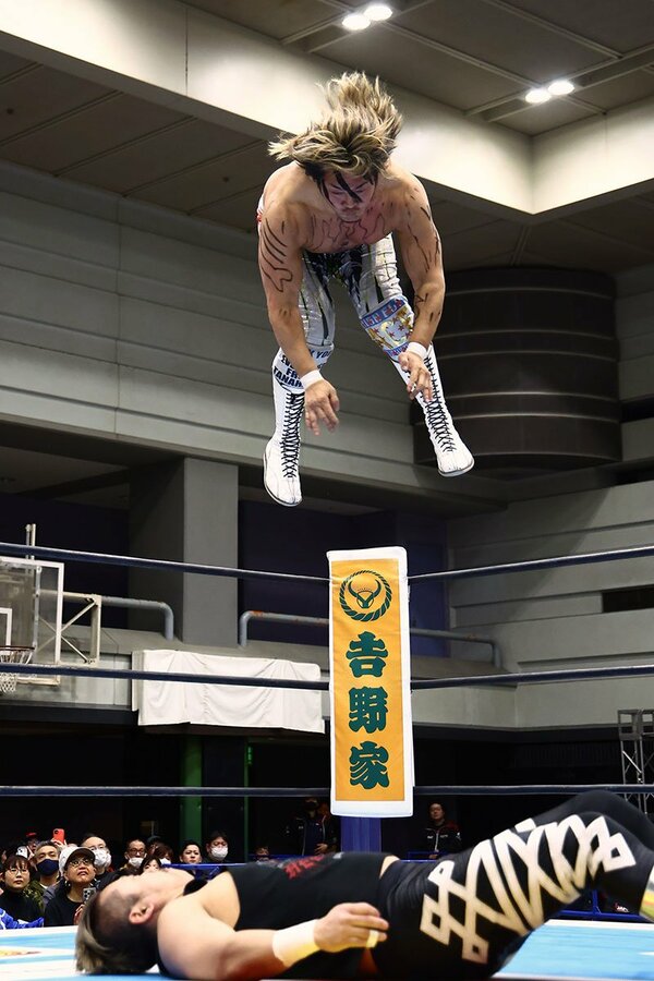 ハイフライフローで試合を決めた棚橋(上)