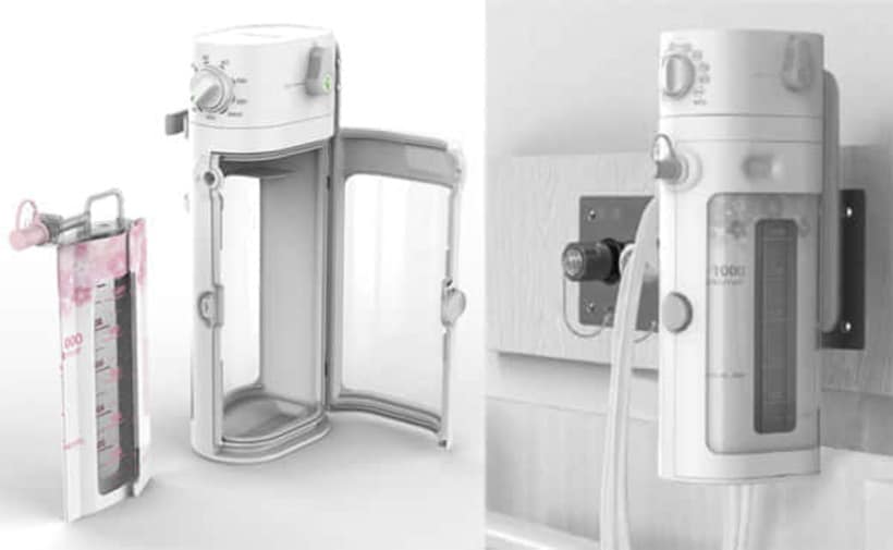  【写真】側面扉がワンタッチで開閉する【写真右】壁掛吸引器は配管設備を使う