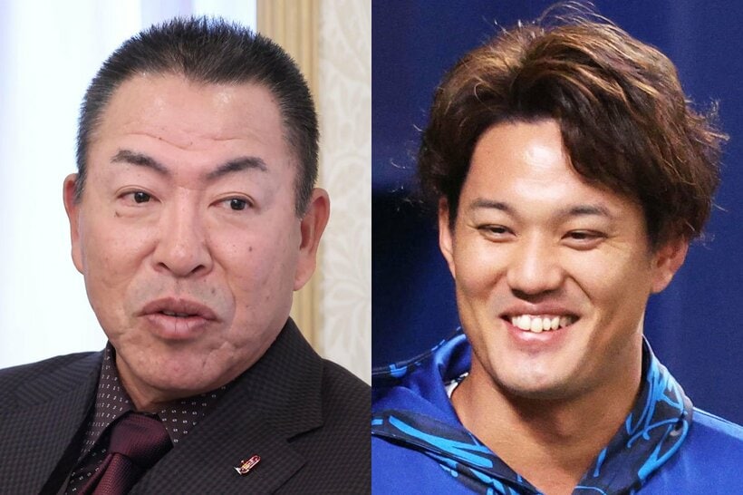 中日・井上監督(左)とDeNA・藤浪晋太郎