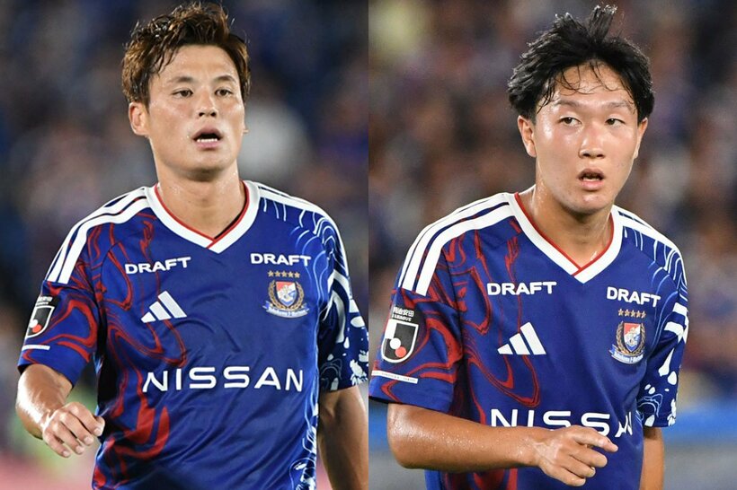 Ｊ１横浜ＭのＦＷ宮市亮(左)とＭＦ三井寺眞
