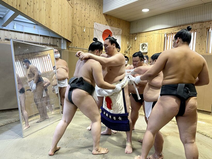  新しい綱を締める白鵬(中)
