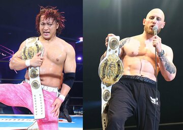 ＩＷＧＰ　ＧＬＯＢＡＬヘビー級王者・海野翔太（左）とゲイブ・キッド