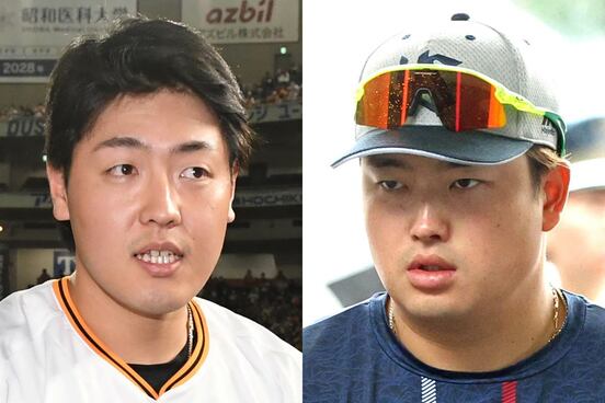 MLBに挑戦する岡本和真（左）と村上宗隆