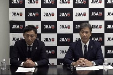 オンラインで会見した島田慎二会長（左）と渡辺信治事務総長