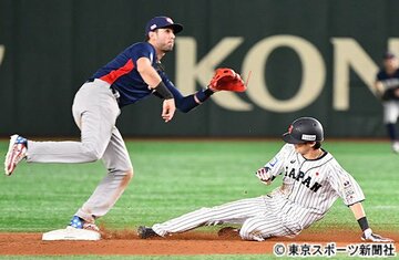  周東（右）は米国バッテリーに警戒される中ですんなり二盗を決めた
