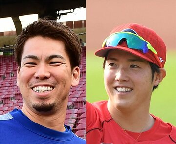  ツインズ・前田(左)と広島・森下