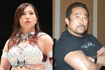 ワールド王座防衛戦を控える王者・青野未来(左)と、特訓に協力した角田信朗氏