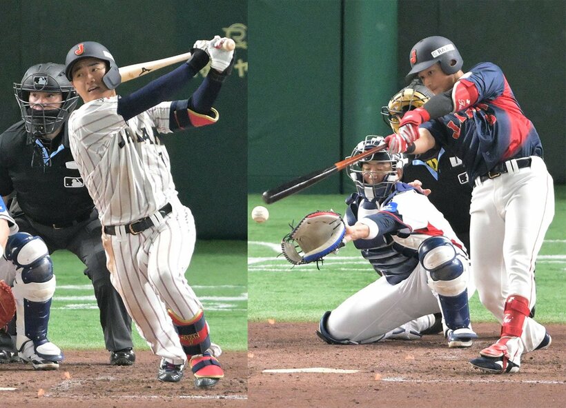 ロッテ・西川史礁（左）と広島・佐々木泰