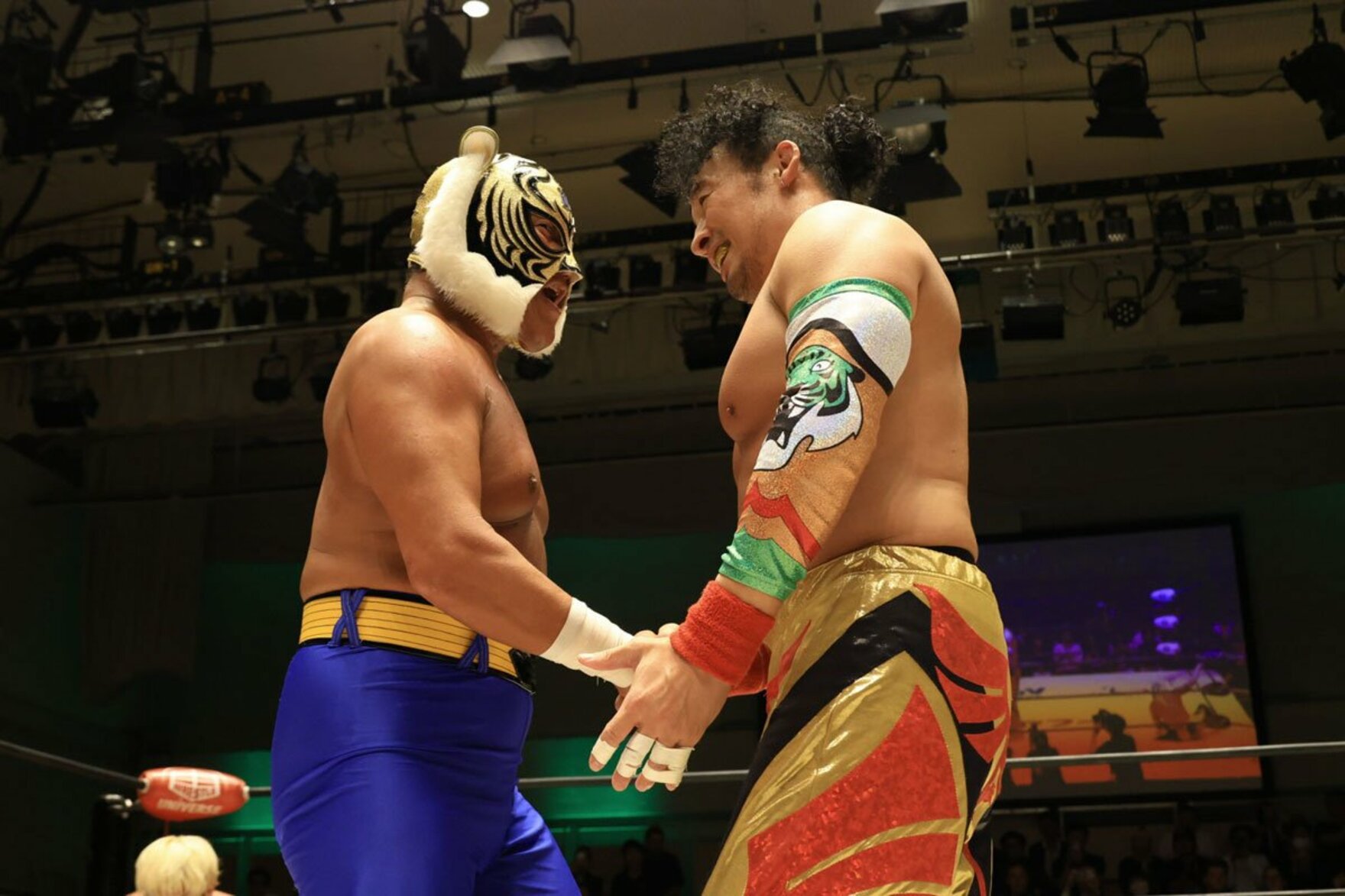 握手をかわすタイガーマスク（左）と丸藤正道（写真提供：プロレスリング・ノア）