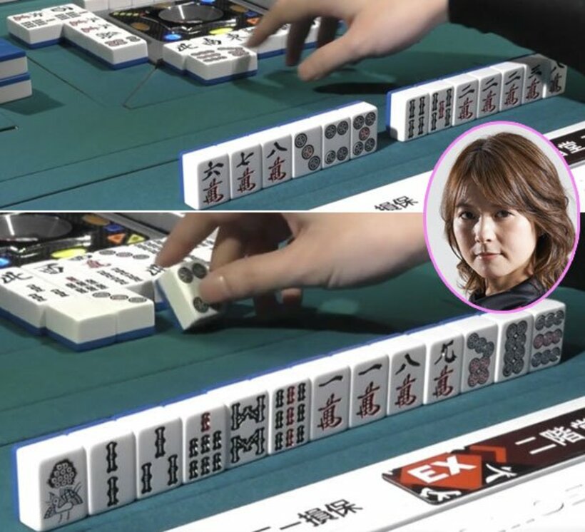  【写真上】左の上家はホンイツ濃厚。まだ一向聴でも押す【写真下】テンパイなら当然押す（顔写真は亜樹プロ）