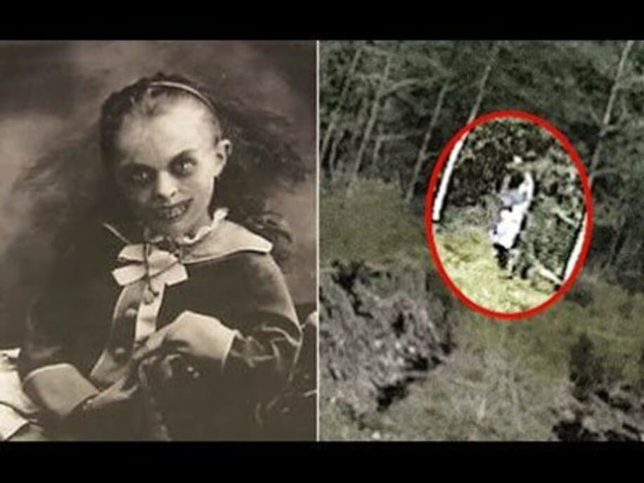  ＜写真左＞海外で近年目撃証言が多発する「黒い目の子供」。＜写真右＞リーウッズの森で目撃された「白目のない真っ黒な目」の家族
