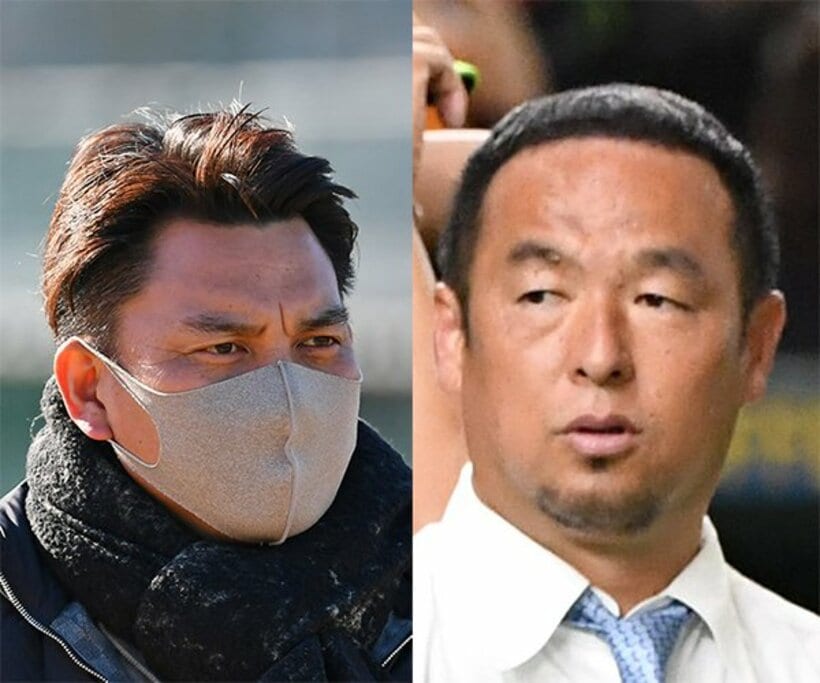 ロッテ・井口監督(左)と松中氏