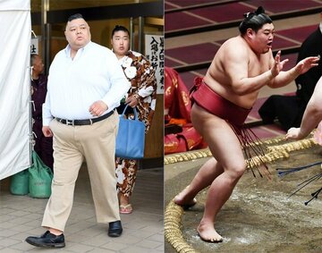 田子ノ浦親方（左）と阿炎