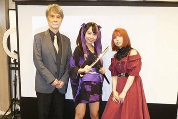 上映会に登場した山田誠二監督(左)、月野もあ(中)、お里役の吉留心光月