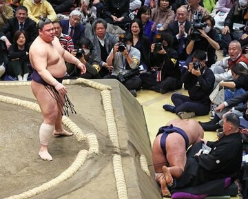 寄り切りで横綱の豊昇龍(右)を下した義ノ富士