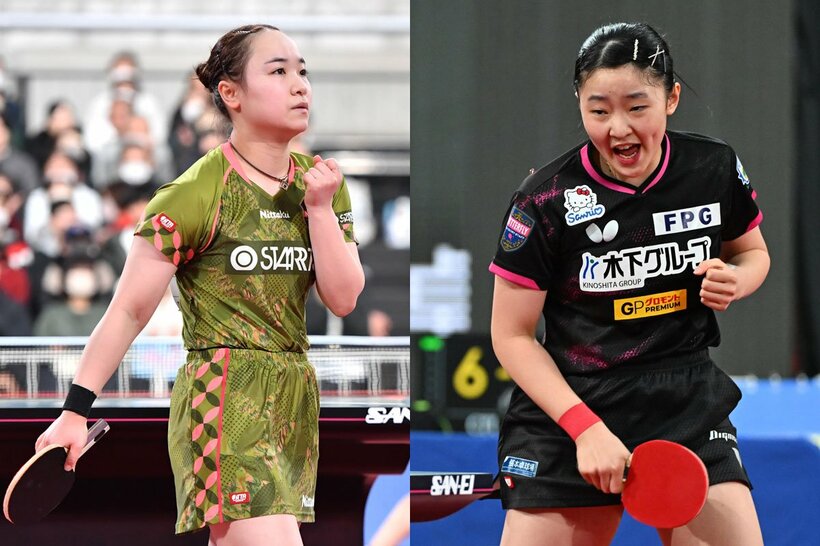 女子準決勝で激突する伊藤美誠(左)と張本美和