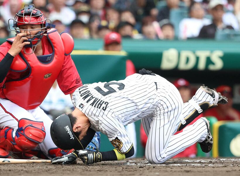 左手首に死球を受けた近本光司