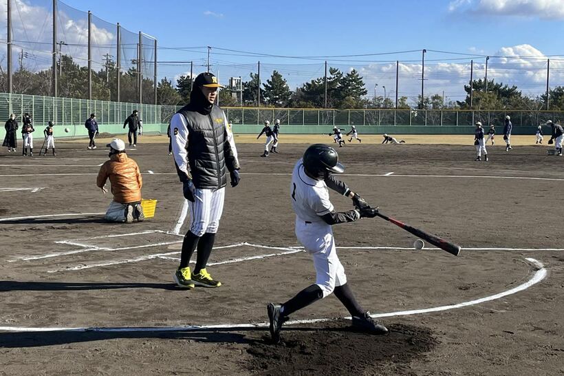 少年たちの打撃練習を見守る佐藤輝明