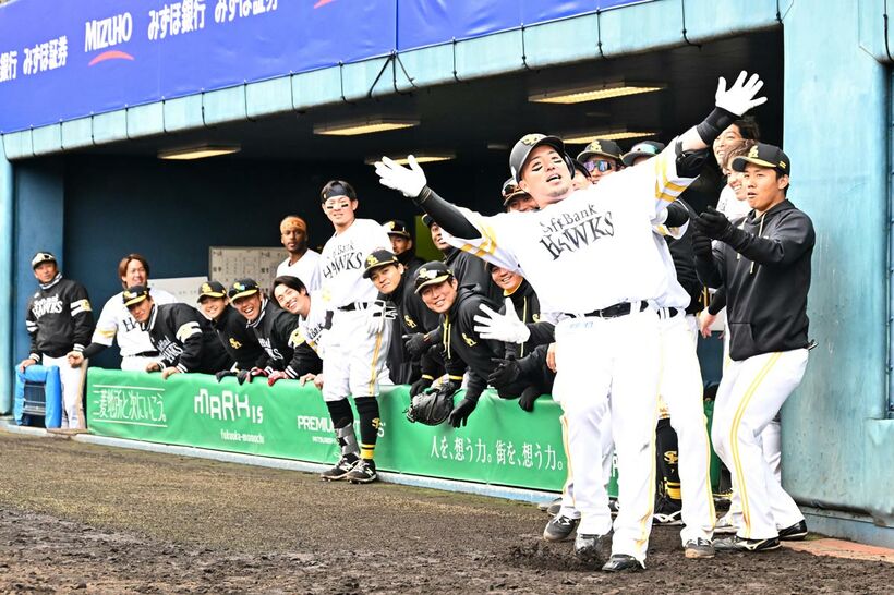 勝ち越し２ランを放ち、どすこいポーズを決める山川穂高