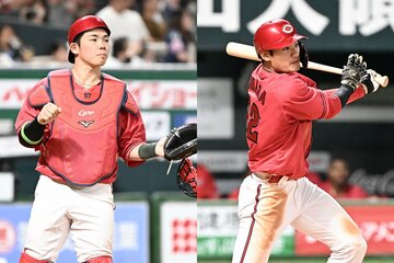 今季の広島で主力として活躍している育成出身の捕手・持丸泰輝(左)と外野手の名原典彦