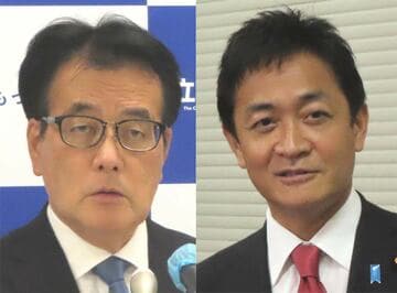 立憲・岡田幹事長（左）と国民・玉木代表