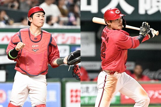 今季の広島で主力として活躍している育成出身の捕手・持丸泰輝(左)と外野手の名原典彦