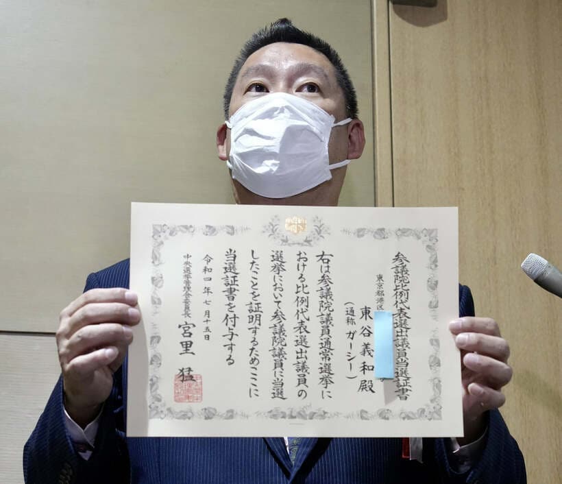  ガーシー氏（東谷義和氏）の当選証書を掲げるＮＨＫ党の立花孝志党首（東スポWeb）