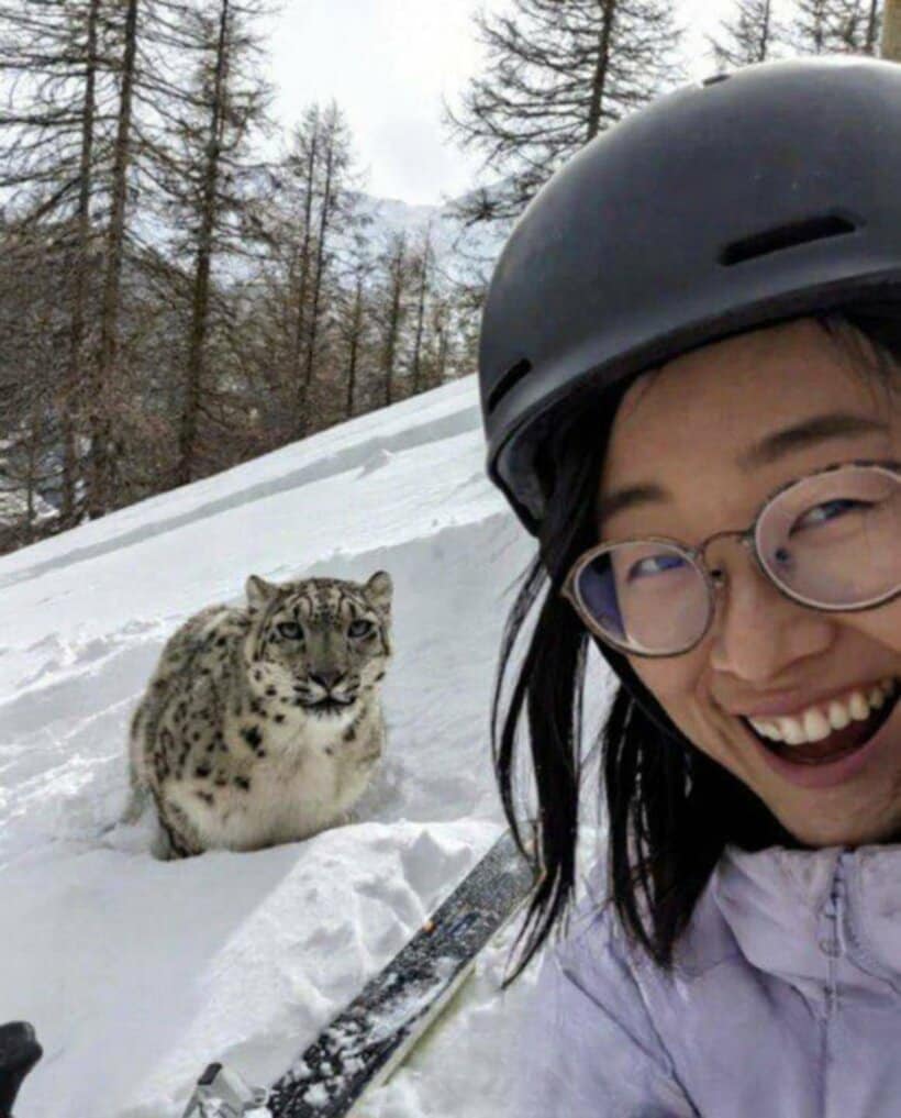 ユキヒョウと自撮りした女性（微博から）