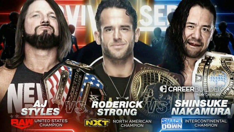  「サバイバー・シリーズ」での対戦が決まった（左から）ＡＪスタイルズ、ロデリック・ストロング、中邑真輔（Ｃ）2019 WWE, Inc. All Rights Reserved.