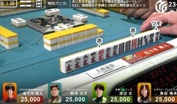 １月２５日第２試合　東１局０本場　東家・佐々木寿人の３巡目（２万５０００点・全員同点、ドラ＝８索）