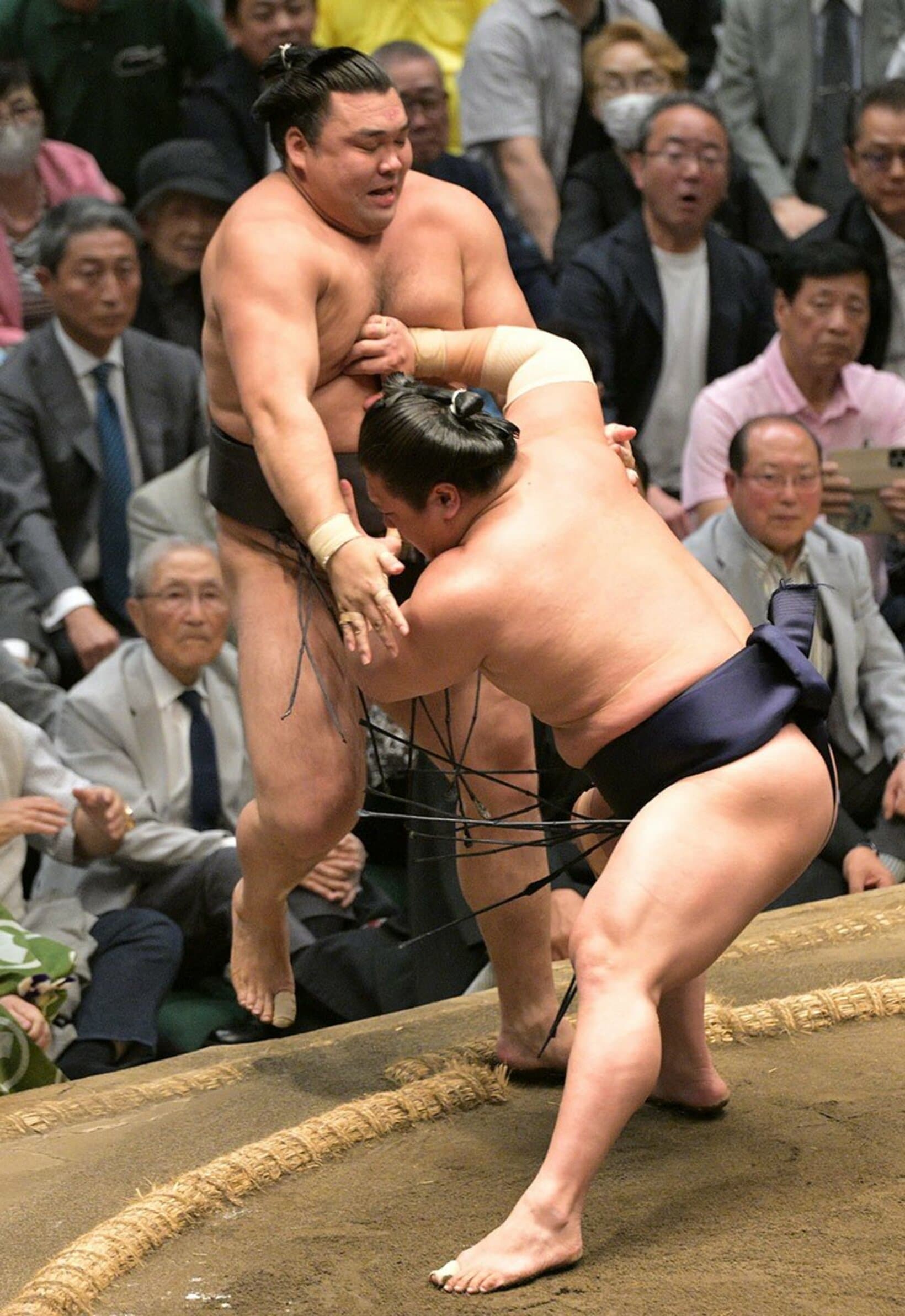 優勝決定戦で霧島（左）を押し出した若隆景