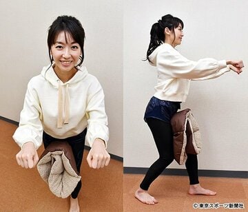  股にクッションなどを挟み、小股で前に進みます