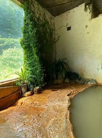 石灰分が何層にも重なった鍾乳洞のような内湯